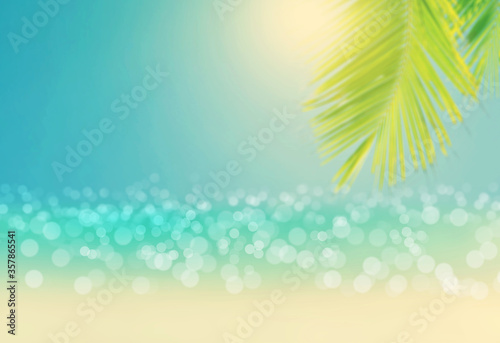 Blurred of palm trees or coconut trees leaf against the blue sky.