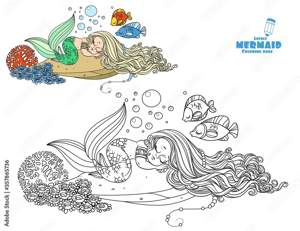 Φωτογραφία Cute little mermaid sleeps on a rock with corals coloring page on a white backgr