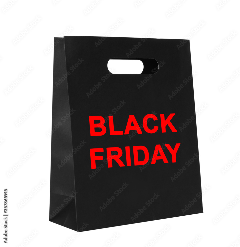 Paper shopping bag with phrase BLACK FRIDAY on white background Paper shopping bag with phrase BLACK FRIDAY on white background