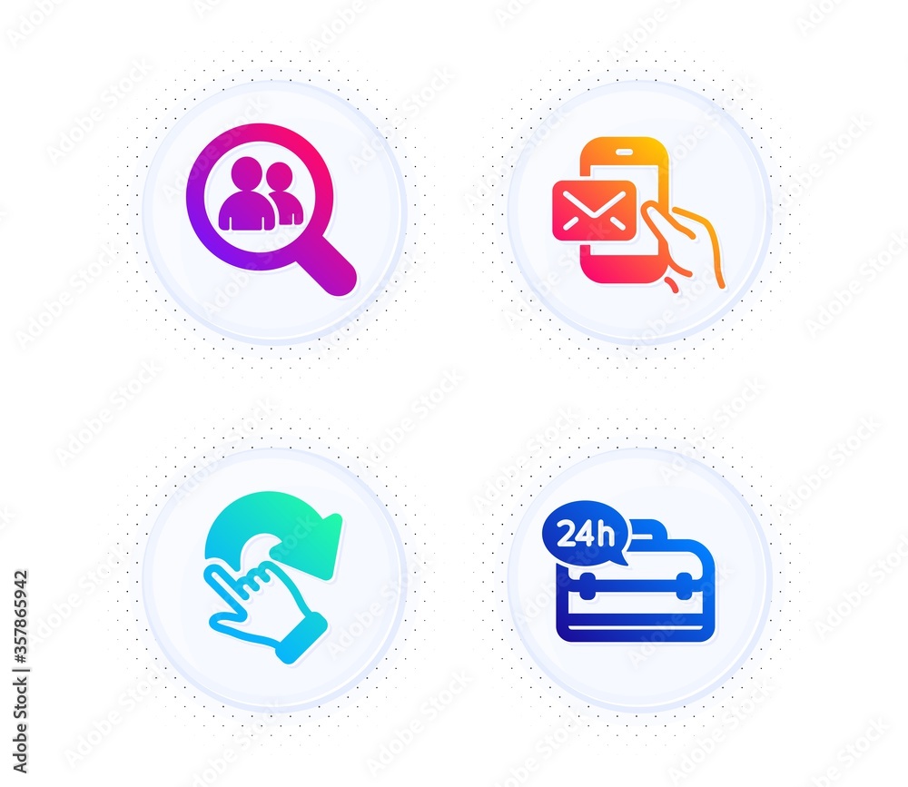 Messenger mail, Rotation gesture and Search employees icons simple set. Button with halftone dots. 24h service sign. New e-mail, Undo, Staff analysis. Support. Business set. Vector Messenger mail, Rotation gesture and Search employees icons simple set. Button with halftone dots. 24h service sign. New e-mail, Undo, Staff analysis. Support. Business set. Vector