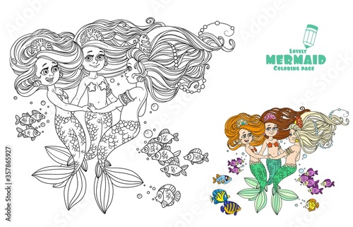 Three beautiful mermaid girls swirl in dance surrounded by fish coloring page on white background