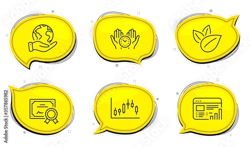 Candlestick graph sign. Diploma certificate, save planet chat bubbles. Safe time, Organic product and Web report line icons set. Management, Leaves, Graph chart. Finance chart. Business set. Vector