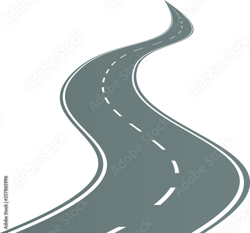 Single lane road isolated on white background. The street is curved, straight and winding