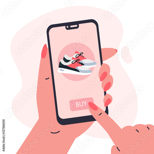 Mobile shopping consept.Woman holding a phone in her hands and shopping in the online store,buys a sneakers.Shopping on social networks through phone flat style.Online shopping vector illustration.