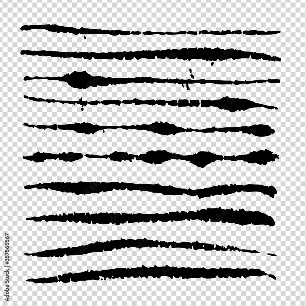 Black abstract brush long textured thin strokes isolated on imitation transparent background