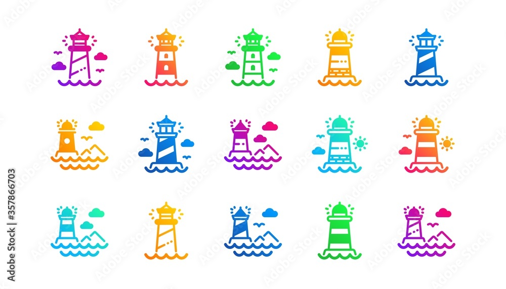 Searchlight tower with seagull for marine navigation of ships. Lighthouse icons. Sea pharos, lighthouse or beacon icons. Classic set. Gradient patterns. Quality signs set. Vector