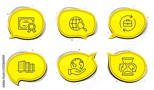 Hourglass sign. Diploma certificate, save planet chat bubbles. Buildings, Human resources and Web search line icons set. City architecture, Job recruitment, Find internet. Sand watch. Vector