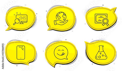 Yummy smile sign. Diploma certificate, save planet chat bubbles. Chemistry lab, Smartphone and Search line icons set. Laboratory, Phone, Find file. Emoticon. Technology set. Outline icons set. Vector