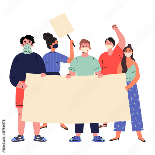 Crowd of protesting people holding banners and placards.Group of people protesting.Men and women taking part in rally,protest.Vector cartoon illustration in flat style