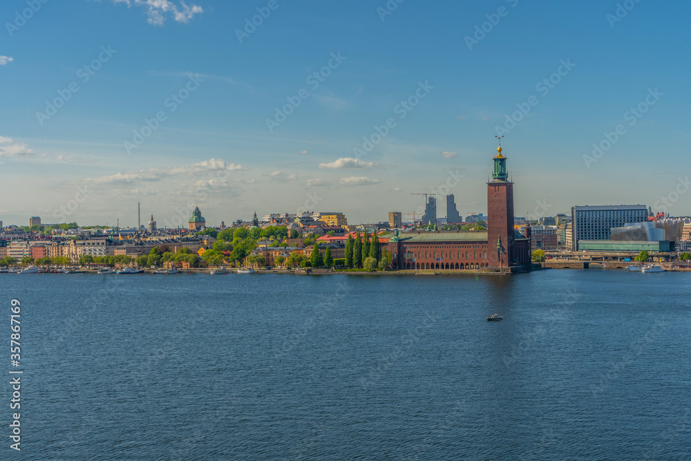 The Stockholm City Hall (Stockholms stadshus). View with Malaren lake from Sodermalm district.