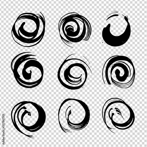 Round black brushstrokes of different smears isolated on imitation transparent background