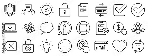 Statistics, Gift box and Light bulb icons. Report document, Time line icons. Credit card, Download document and Lock. Gift delivery, Check report and Protection Shield. Clock time, light bulb. Vector