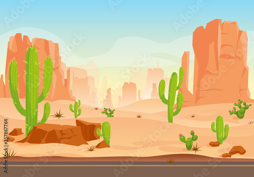 Vector illustration of Texas desert landscape with cactuses, road, hills, plants and mountains. Vector Western scene in flat style. Cartoon Wild West Texas. Mexican desert.
