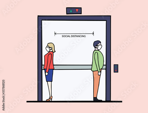 Social distancing in elevator. People wearing face masks use lift and maintain social distancing to protect and prevent from covid-19 coronavirus
