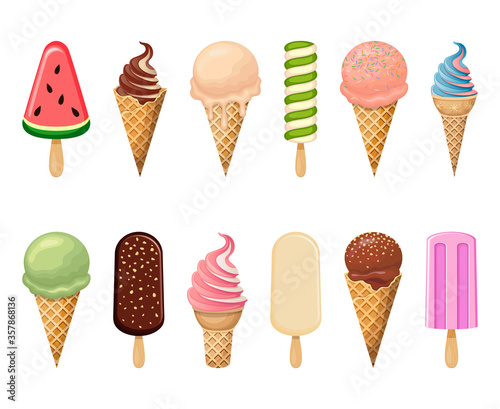 Collection of ice cream. Flat style illustration. Summer dessert vector icons.