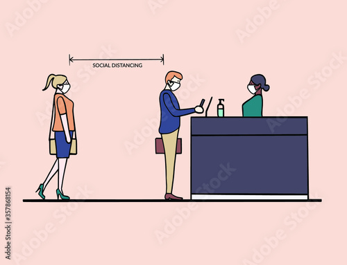 Social distancing at reception area. People wearing face masks queue up and maintain social distancing to protect and prevent from covid-19 coronavirus
