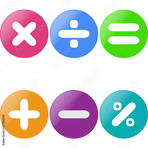 Colored glossy buttons with mathematical sign with drop shadow.