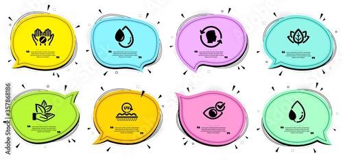 Face id, Medical tablet and Organic product signs. Chat bubbles with quotes. Oil drop, Check eye and Organic tested line icons set. Uv protection, Leaf dew symbols. Serum, Vision. Vector