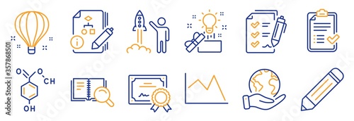 Set of Education icons, such as Survey checklist, Chemical formula. Certificate, save planet. Approved checklist, Search book, Creative idea. Pencil, Line chart, Launch project. Vector
