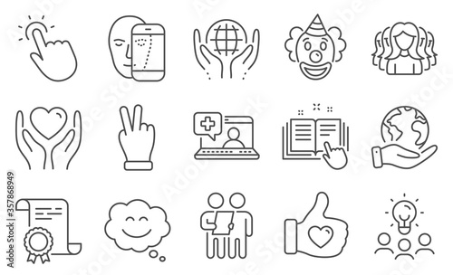 Set of People icons, such as Clown, Victory hand. Diploma, ideas, save planet. Like hand, Medical help, Hold heart. Face biometrics, Technical documentation, Organic tested. Vector