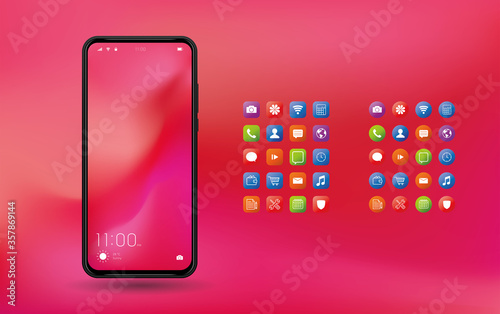 Elegant and modern smartphone with colorful icons and applications. Mobile phone isolated on background. 

Application and phone series.