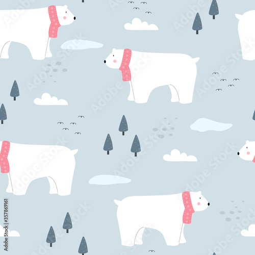 Seamless pattern Cartoon background with polar bears wearing scarves