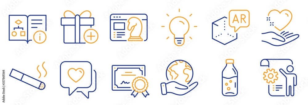 Set of Business icons, such as Add gift, Technical algorithm. Certificate, save planet. Augmented reality, Smoking, Water bottle. Settings blueprint, Heart, Light bulb. Vector