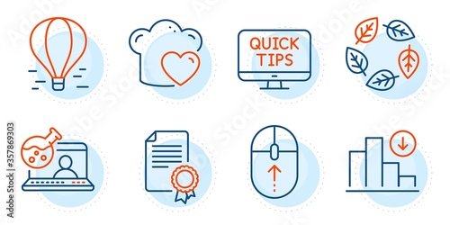Swipe up, Decreasing graph and Air balloon signs. Organic tested, Online chemistry and Certificate line icons set. Web tutorials, Love cooking symbols. Bio ingredients, Lab flask. Vector
