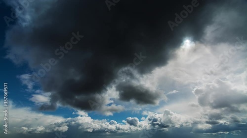 Picturesque timelapse of changing weather from clear blue sky with bright sunshine and just a few white clouds to dark stormy thunderclouds with the sun trying to break through the thickness of clouds