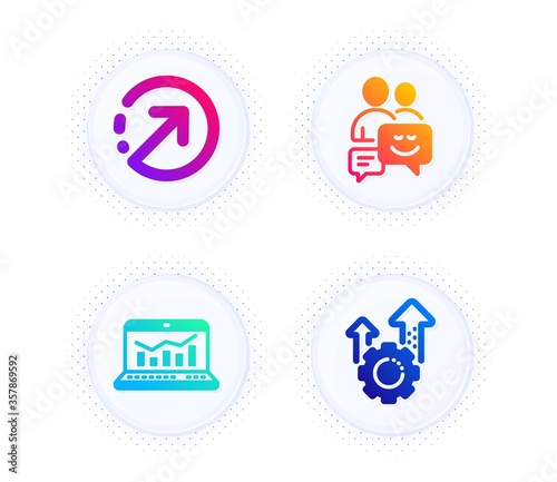 Web analytics, Communication and Direction icons simple set. Button with halftone dots. Seo gear sign. Statistics, Business messages, Navigation pointer. Cogwheel. Technology set. Vector