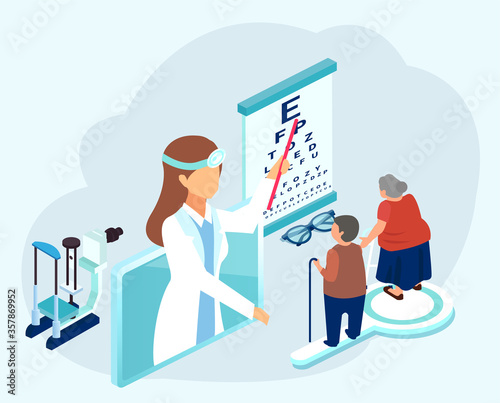 Vector of an ophthalmologist doctor testing eyesight of senior patients with vision problems