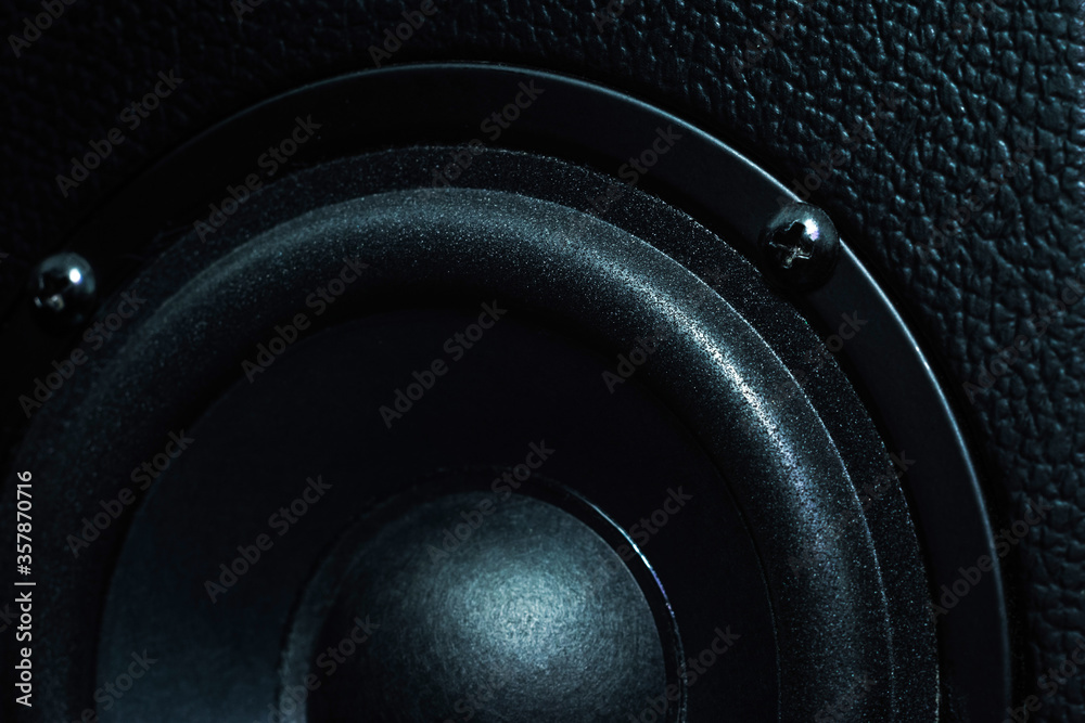 Close up details of black loudspeaker woofer Close up details of black loudspeaker woofer