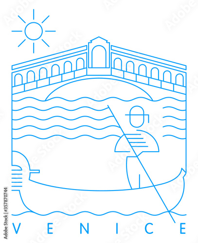 Rialto bridge or Ponte di Rialto and Gondolier vector illustration and typography design, Venice, italy