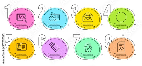 Ranking stars, Usb flash and Search photo signs. Timeline steps infographic. Loop, View document and Identification card line icons set. Web mail, Online quiz symbols. Refresh, Open file. Vector