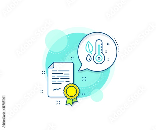 Humidity and leaf sign. Certification complex icon. Thermometer line icon. Moisture symbol. Certificate or diploma document. Thermometer sign. Vector