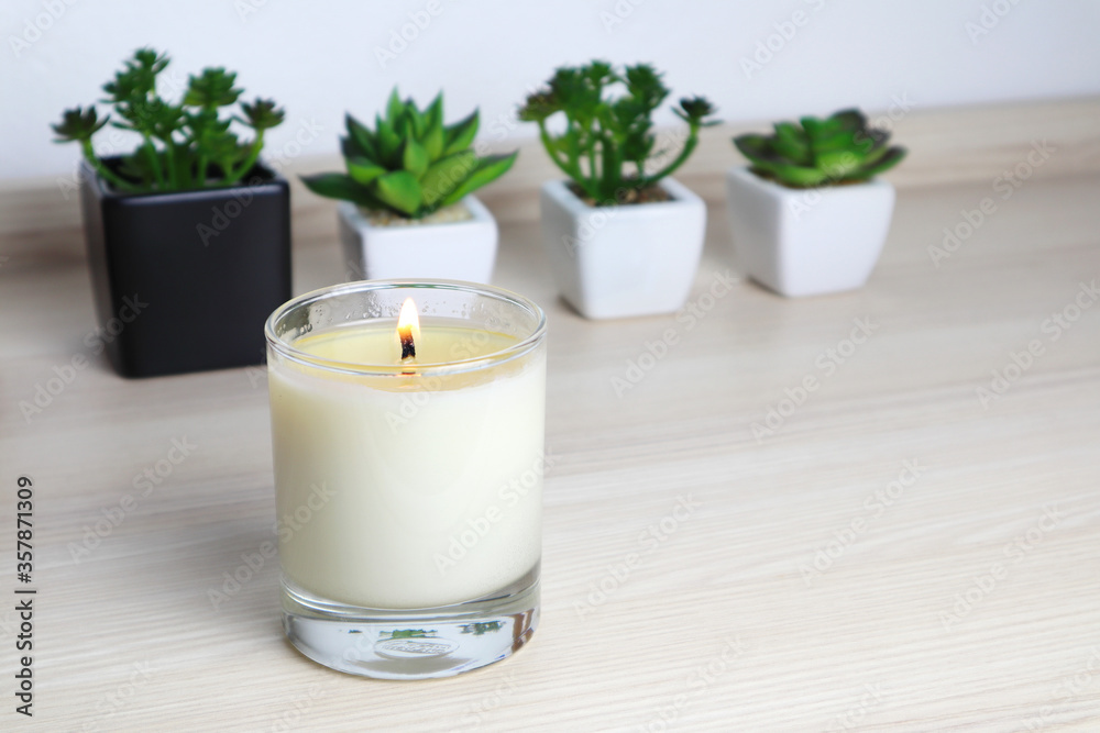 aromatic scent glass candle and small cactus in the pot are displayed on the table in the bedroom to create relax and romantic ambient on happy valentine day