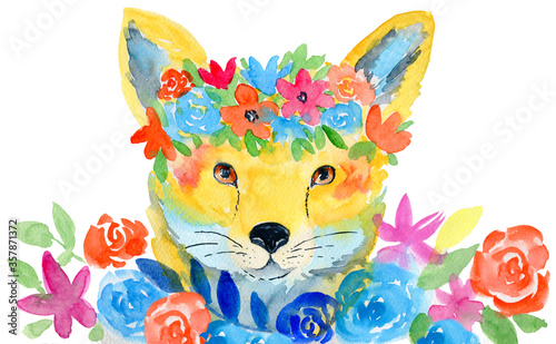 Dekoracja na wymiar  red-fox-twarz-akwarela-ilustracja-z-kwiatami-kolorowe-recznie-malowanie-zwierzat
