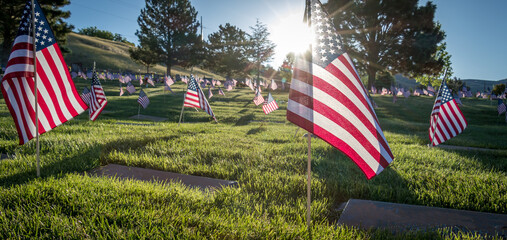 Military Headstones Decorated with Flags for Memorial Day