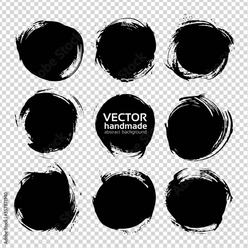 Black round abstract textured smears set isolated on imitation transparent background