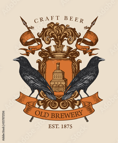 Old brewery coat of arms in vintage style. Suitable for pubs, bars and breweries design. Vector heraldic Coat of arms with ravens, crown, spears, ribbon and knightly shield. Hand-drawn illustration