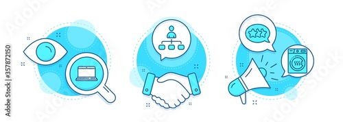 Notebook, Management and Stars line icons set. Handshake deal, research and promotion complex icons. Dryer machine sign. Laptop computer, Agent, Customer feedback. Laundry. Technology set. Vector