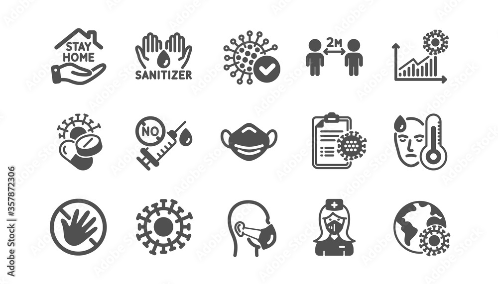 Coronavirus icons set. Medical mask, washing hands hygiene, protective glasses. Covid-19 virus pandemic. Stay home, hands sanitizer, coronavirus epidemic mask icons. No vaccine. Quality set. Vector