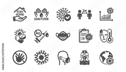 Coronavirus icons set. Medical mask, washing hands hygiene, protective glasses. Covid-19 virus pandemic. Stay home, hands sanitizer, coronavirus epidemic mask icons. No vaccine. Quality set. Vector