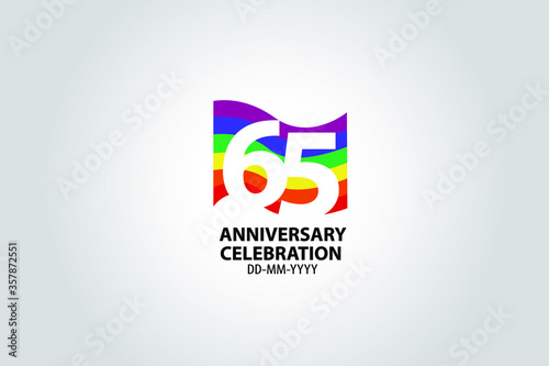 65 year anniversary celebration logotype with white number Emboss Style isolated on LGBT Colorful Flag on white grey background for invitation card  banner or flyer -vector