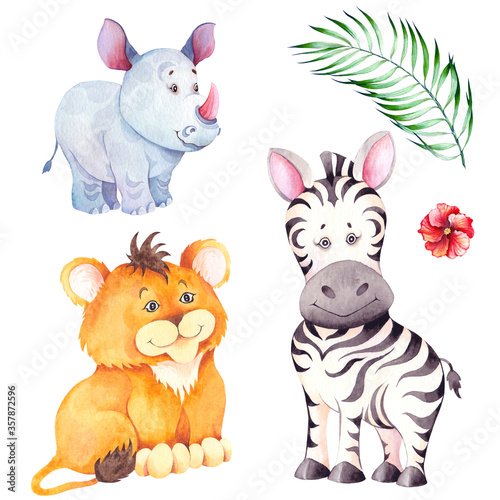 Cartoon tropical animal characters. Little lion, zebra and rhino cubs.