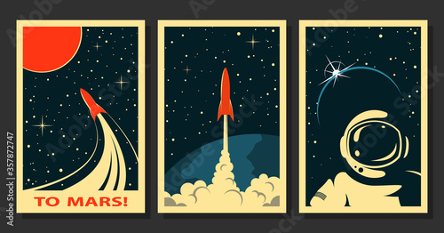 Vector Space Posters. Stylized under the Old Soviet Space Propaganda photo