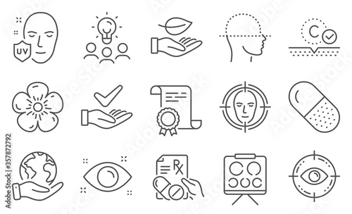 Set of Healthcare icons, such as Natural linen, Dermatologically tested. Diploma, ideas, save planet. Vision board, Eye target, Uv protection. Face detect, Leaf, Capsule pill. Vector