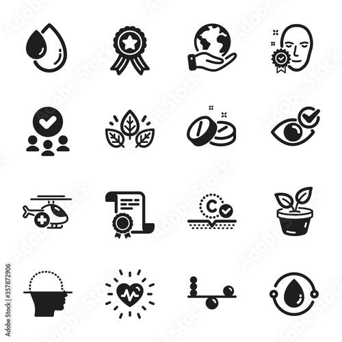 Set of Healthcare icons, such as Medical tablet, Check eye. Certificate, approved group, save planet. Heartbeat, Oil drop, Organic tested. Leaves, Balance, Face scanning. Vector