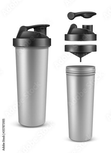 Vector realistic 3d silver shaker with open cap for sports nutrition, gainer or whey protein. Plastic drink bottle or mixer, isolated on white background. Accessory for gym bodybuilding, gymnasium