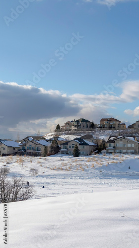 Vertical crop Wasatch Mountain in winter with houses on sunlit acres of snow covered terrain